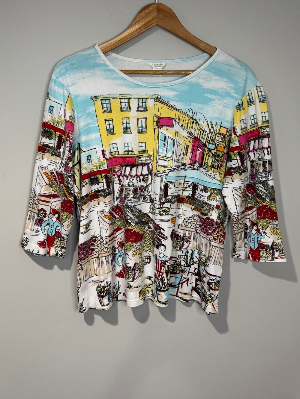 Christopher & Banks European Market Scene Print 3/4 Sleeve Tee Artsy Travel XL